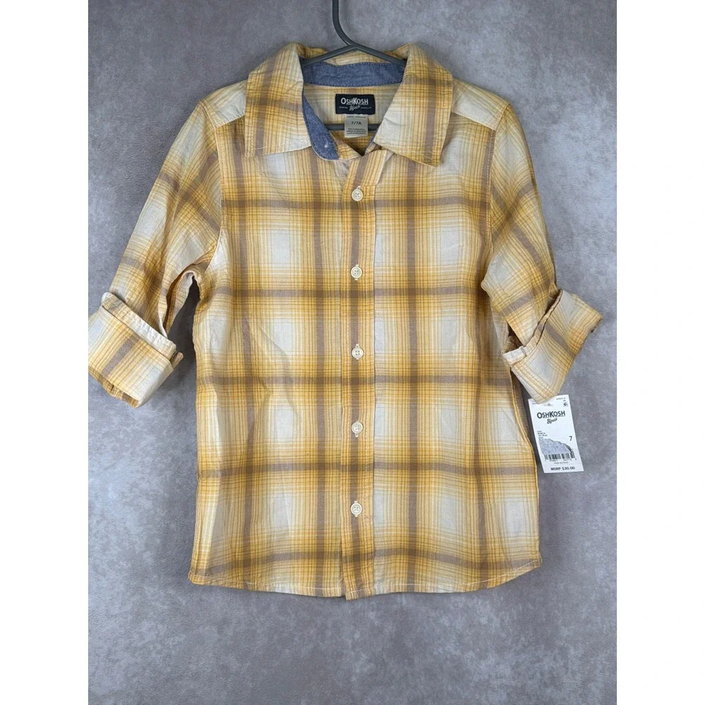 NWT OshKosh B'gosh Kids Plaid Button Down Shirt‎ Size 7 Yellow White